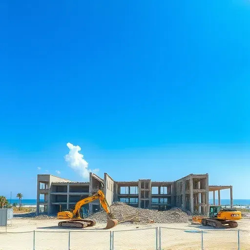 Completed demolition site in Myrtle Beach SC with steel beams, concrete debris, and construction equipment under clear skies.