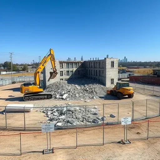Completed demolition site in West Columbia SC with heavy machinery debris scattered and safety fences enclosing the area.