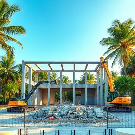 Demolition site in Hilton Head Island SC with exposed beams, debris, palm trees, and clear blue sky showcasing efficiency.