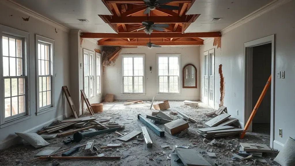 Interior demolition project in Charleston, SC showcasing exposed beams and debris from a recent renovation.