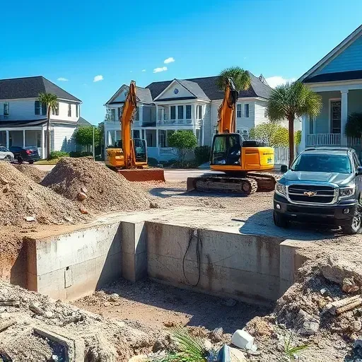 Finished garage demolition site in Charleston SC with organized debris, exposed concrete, demolition equipment, and Charleston-style homes