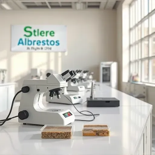 Modern Charleston asbestos testing lab with samples, testing equipment, organized workspace, and natural sunlight.