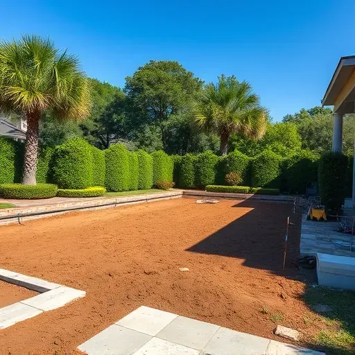 Clear Charleston SC patio removal site with excavated soil, removed paving stones, lush trees, greenery, and organized tools