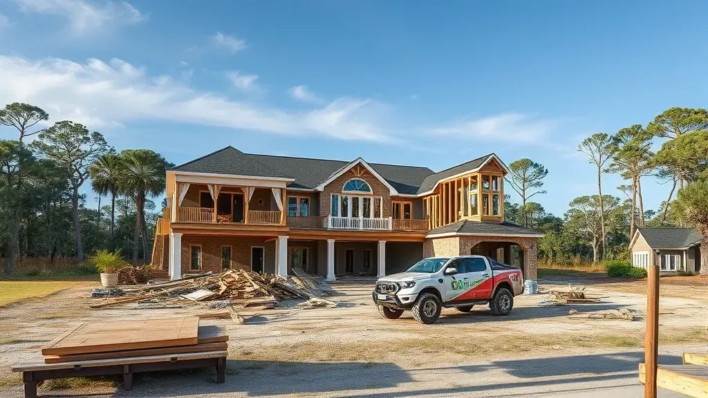 Demolition in Hilton Head Island SC with heavy machinery and debris on the construction site.