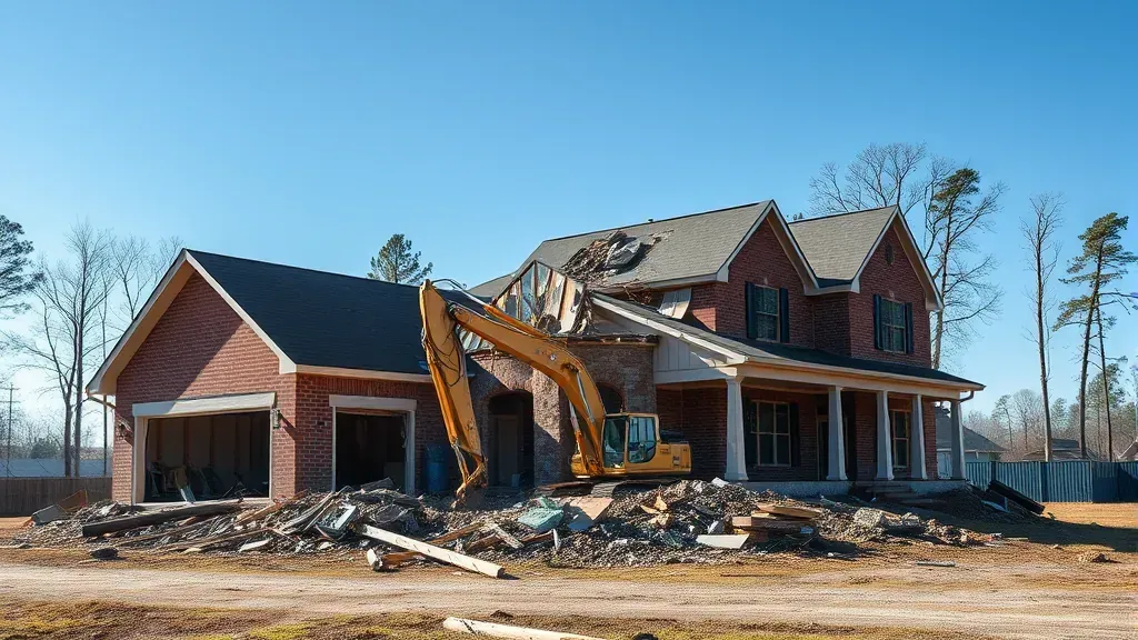 Demolition in Taylors SC showing heavy machinery and debris at a construction site.