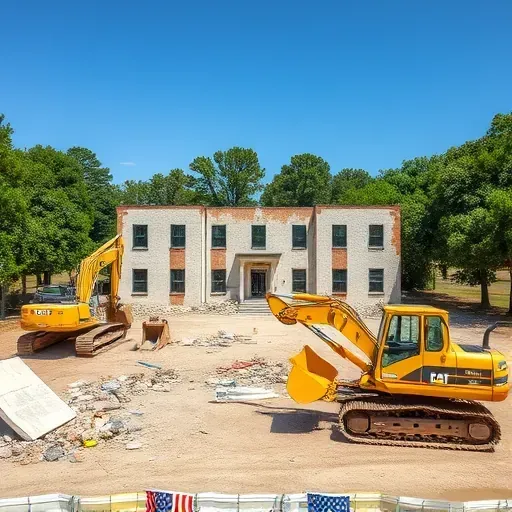 Demolition site in Wade Hampton SC with heavy machinery and organized rubble surrounded by trees and blue sky.