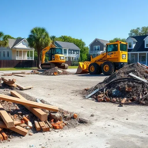 Freshly cleared house demolition site in Charleston with debris piles, neighboring houses, and clear sunny skies.