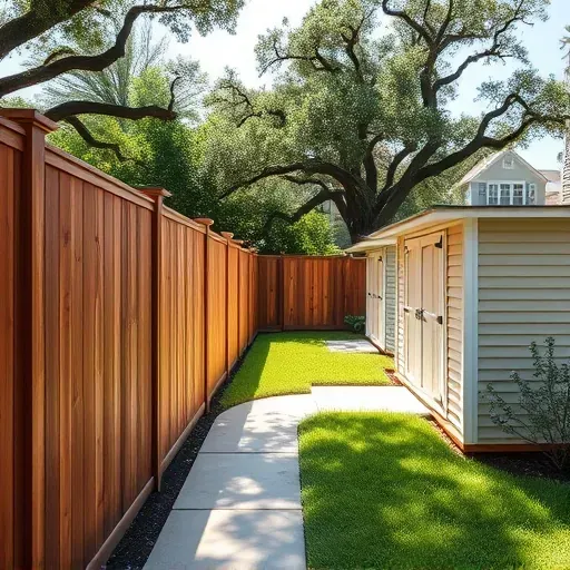 Beautiful Charleston SC backyard with a wooden fence, two sheds, lush greenery, mature live oaks, and Southern charm