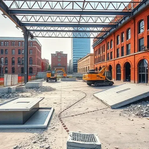 Recently demolished Charleston SC commercial site with exposed beams, cleared concrete, safety fencing, and urban backdrop