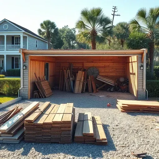 Clean neatly cleared garage demolition site in Charleston with organized salvage materials and lush suburban background
