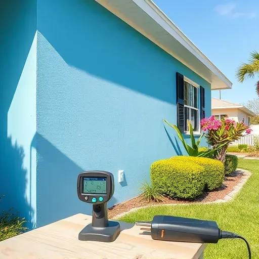 Finished lead paint testing and removal on a Myrtle Beach home with blue and white exterior, lush yard, under sunny skies