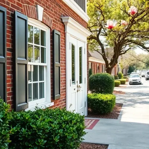 Modern Charleston home with new energy-efficient double-pane windows and stylish front door in lush landscaped setting