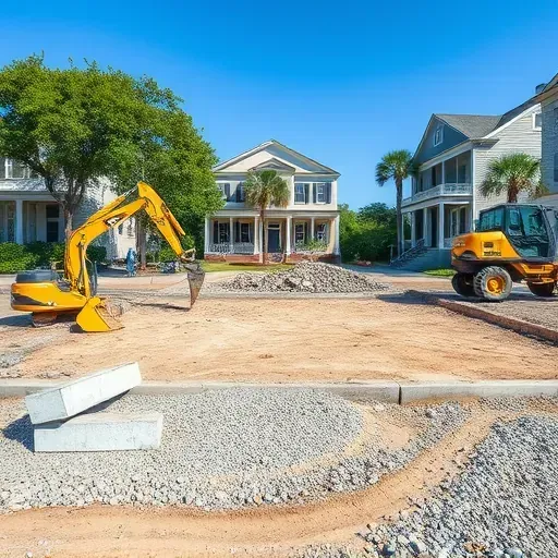 Clean demolished house site in Charleston SC with exposed foundation, machinery, gravel, and historic neighborhood background
