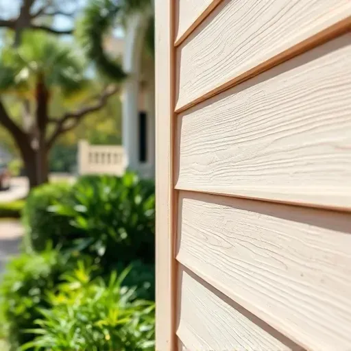 Close-up of a clean wooden siding on a Charleston home showing fresh primer after lead paint removal, with greenery and historic architecture in background