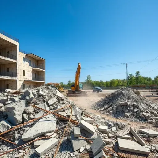 Completed demolition site in Fort Mill SC with debris, rebar, sunlight shadows, and construction equipment in the background.