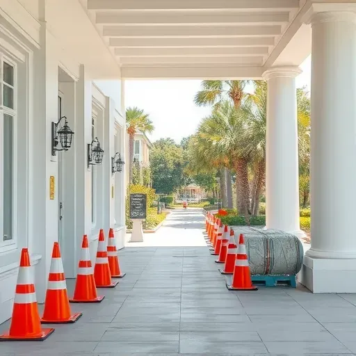 Clean asbestos removal site in Charleston SC shows safety signs, sealed windows, well-kept exterior, and organized construction tools