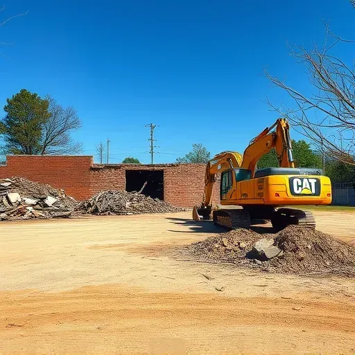 Vacant lot in Berea SC post-demolition, featuring organized debris, heavy machinery, and a clear blue sky.