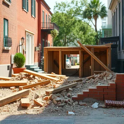 Demolition site in Charleston SC showing cleared area with debris and wooden structure, framed by historic architecture.