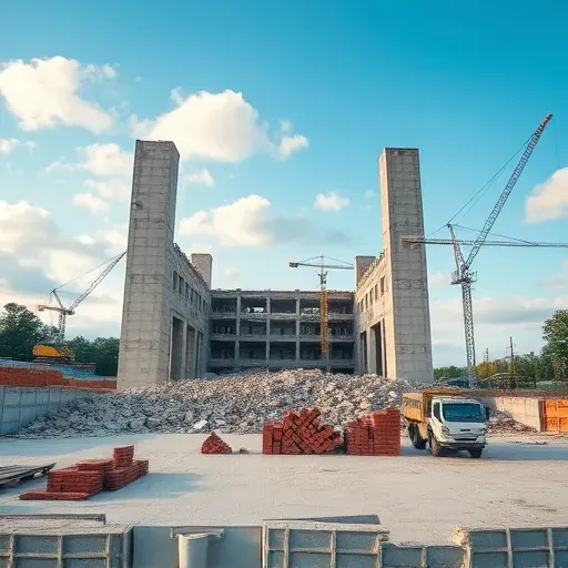 Demolition site in Rock Hill SC featuring cleared ground, concrete debris, cranes, and a vibrant blue sky.