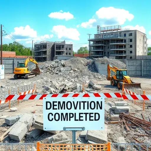 Demolition site in Greenwood SC with heavy machinery, rubble, concrete edges, and 'Demolition Completed' sign.