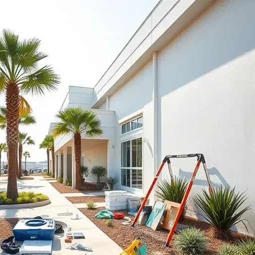 Modern Myrtle Beach building with fresh paint, lead removal tools, landscaped greenery, coastal architecture, and clear signage