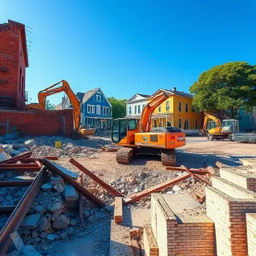 Demolition site in Charleston SC with organized debris, historic buildings, and construction equipment amidst greenery.