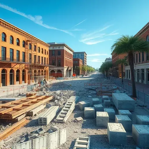 Demolition site in Charleston SC with debris, exposed rebar, partially demolished buildings, scaffolding, and historic architecture under daylight
