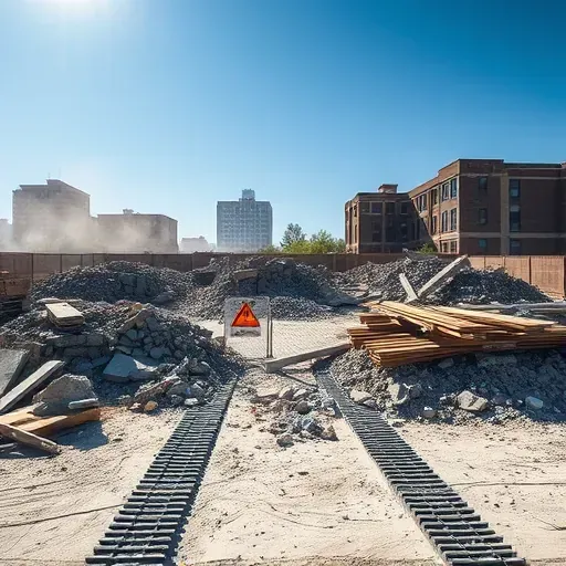 Completed demolition site in Columbia SC features rubble, concrete, and metal beams under blue sky with safety signs.