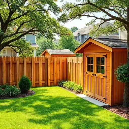 Meticulously crafted wooden fence and sturdy garden sheds in a lush backyard with mature trees and vibrant plants in Charleston South Carolina