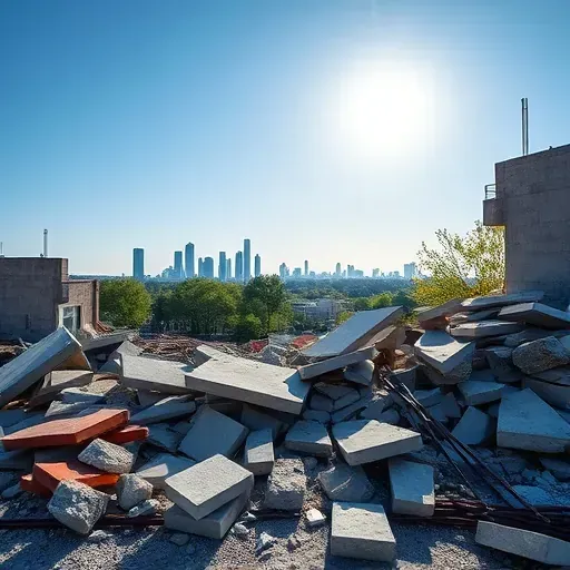 Demolition site in Clemson SC with scattered concrete debris, bent rebar, and a silhouette of the town skyline.