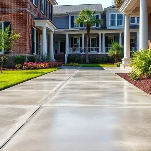 Smooth finished concrete driveway with textured surface in Charleston SC with a Southern-style home and lush landscaping