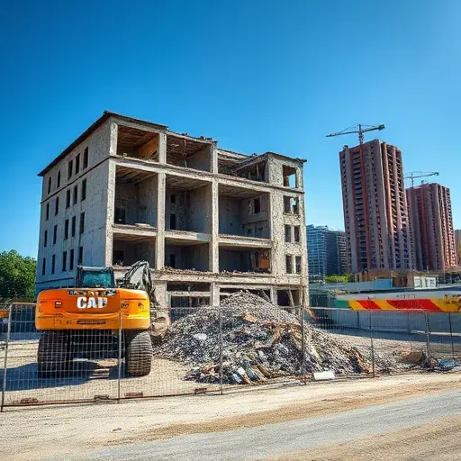 Demolition site in North Charleston SC with debris, excavator, and new construction symbolizing urban progress.