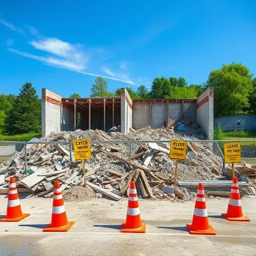 Demolition site in Berea SC with organized rubble, safety cones, caution signs, and clear skies creating a professional scene.