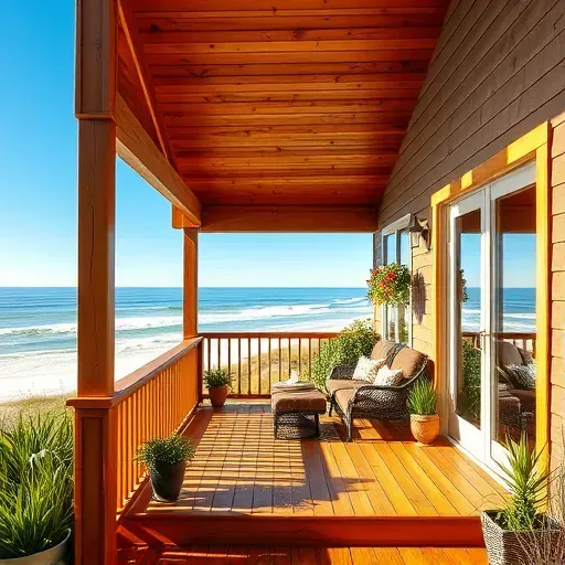 Beautiful finished deck and porch in Myrtle Beach SC with natural wood tones lush greenery coastal plants outdoor furniture and ocean view