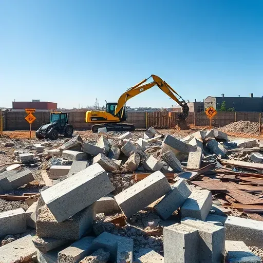 Demolition site in Greer SC with debris, tools, safety signs, and neighboring buildings under a bright blue sky.