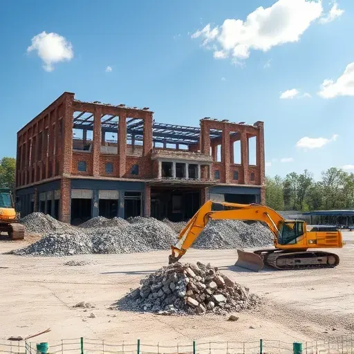 Completed demolition in Wade Hampton SC featuring a large building, rubble, and heavy machinery under a clear blue sky.