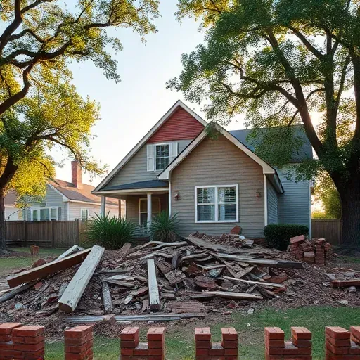 Freshly demolished house in Charleston SC with arranged debris and clear lot, framed by lush trees under a clear sky.