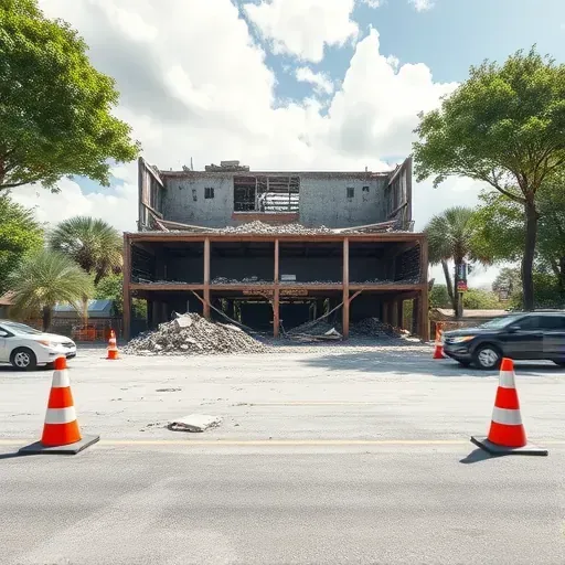 Completed Charleston commercial demolition site with rubble, steel beams, safety barriers, lush trees, and partly cloudy sky