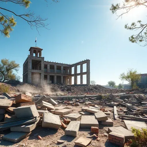 Demolition site in Port Royal SC showcasing debris, structures, and nature, highlighting transition for future development.