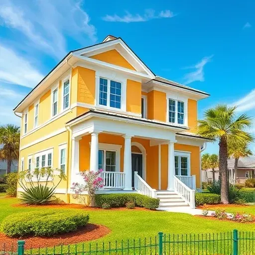 Modern coastal Myrtle Beach home with freshly painted vibrant exterior, white trim, lush landscaping, and breezy seaside background