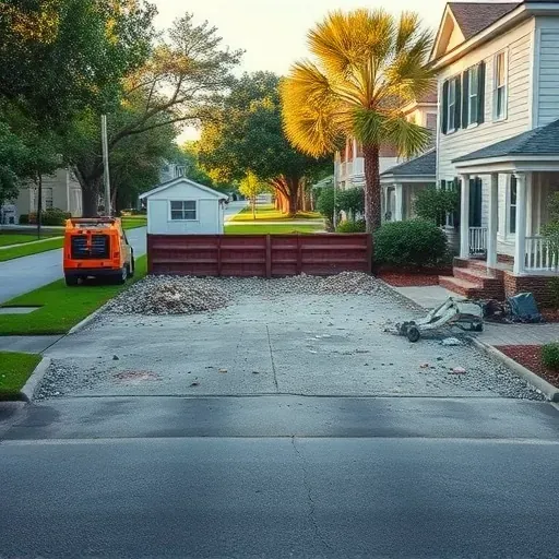 Recently demolished garage site in Charleston SC with clean lot, neat debris, Southern homes, lush lawns, and mature trees
