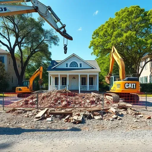 Demolition site in Charleston, SC featuring organized debris and professional equipment with a serene neighborhood backdrop.