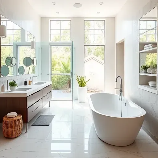 Remodeled Charleston bathroom with sleek fixtures, walk-in glass shower, freestanding tub, marble floors, and coastal accents