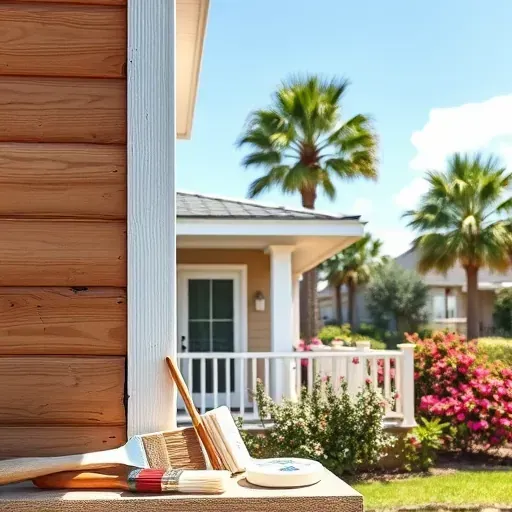 Well-maintained Myrtle Beach home exterior with lead paint testing and removal tools, lush landscaping, sunny sky.