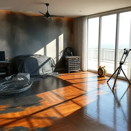 Restored Myrtle Beach interior with cleaned charred walls, polished wooden floors, replaced fixtures, seaside views, and professional equipment