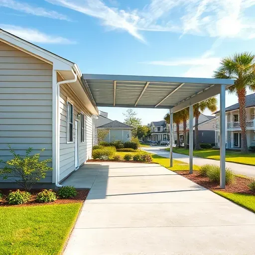 Finished siding and metal carport installation on a modern Charleston home with landscaped yard and neighborhood background