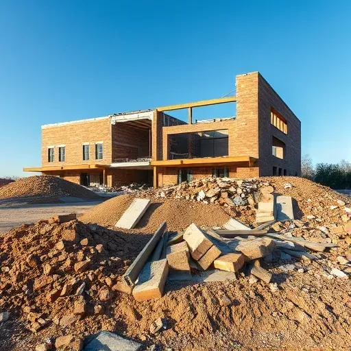 Completed demolition site in Greer SC, featuring sorted debris and fresh soil, under clear blue sky.