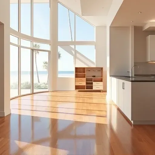 Restored Myrtle Beach interior with pristine walls, gleaming floors, sunny coastal view, and impeccable finish highlighting fire damage repair
