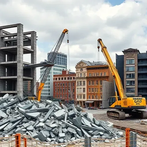 Demolition site in Charleston SC, showing clean debris removal with heavy machinery and distinct city architecture.