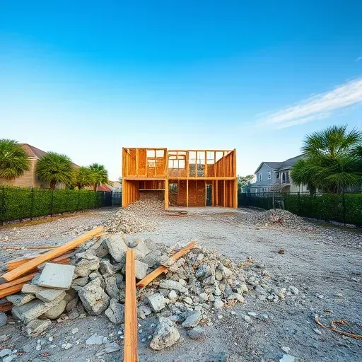 Aftermath of a house demolition in Charleston SC with cleared lot, debris piles, and exposed framing under a blue sky.